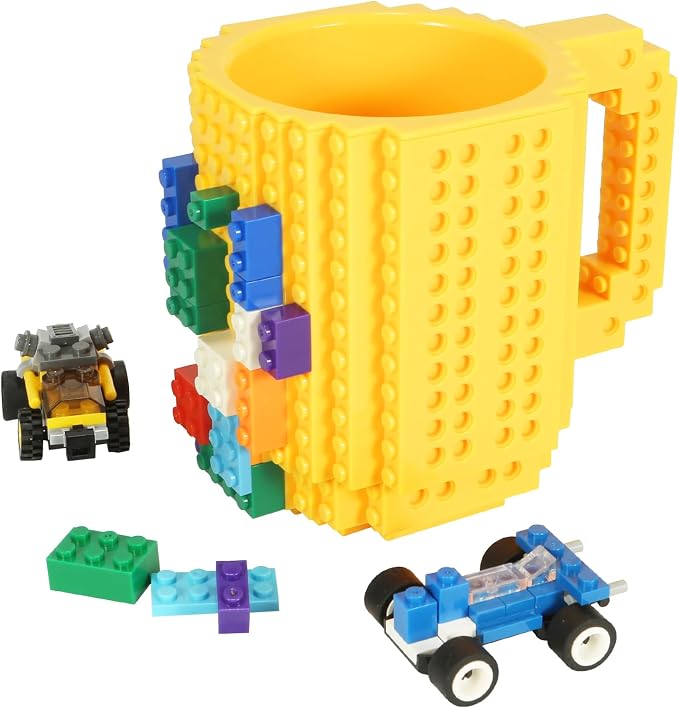 Lumsburry Build-on Brick Coffee Mug, Funny DIY Unique Novelty Drinking Cup | Building Blocks Creative Mug, for Men Women Kids Dad Mom, Present Exchange Ideas, Xmas Birthday White Elephant(Yellow) by Lumsburry