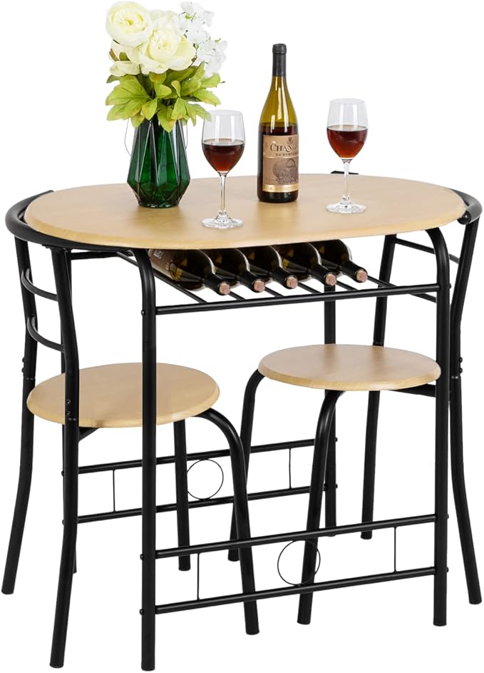VINGLI 3 Piece Dining Set,Small Kitchen Table Set for 2,Breakfast Table Set for 2,Kitchen Wooden Table and 2 Chairs for Small Space/Dining Room/Apartment,Metal Frame,Wine Rack,Black&Natural - Image 2