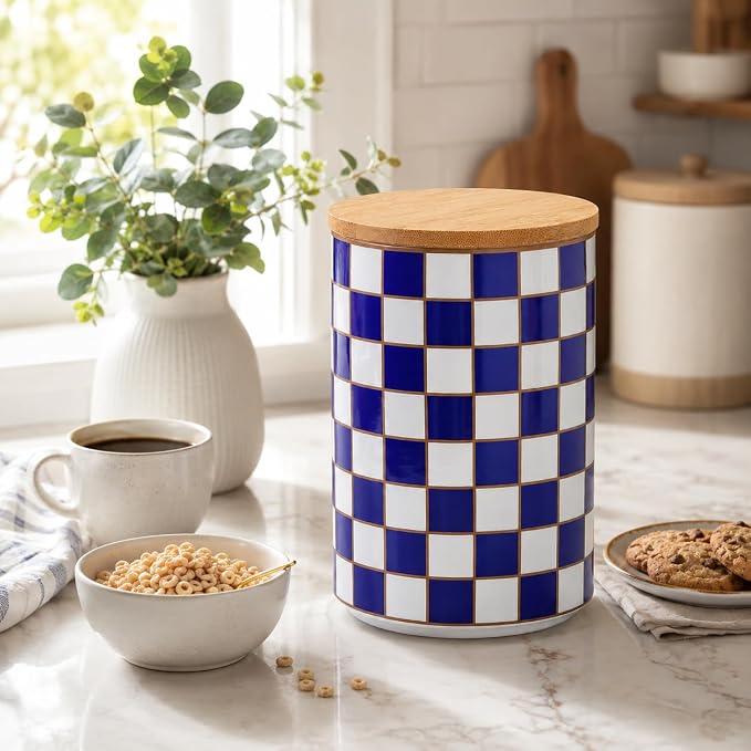 Kitchen Countertop Ceramic Checkered Canisters,Black And White Food Storage Containers With Lid,Airtight Kitchen Canisters for Flour, Sugar, Coffee, Tea, and Dry Goods (Blue, XL) - Image 6
