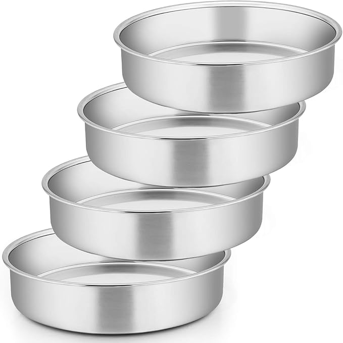 E-far 8 Inch Cake Pan Set of 4, Stainless Steel Round Layer Cake Baking Pans, Non-Toxic & Healthy, Mirror Finish & Dishwasher Safe by E-far