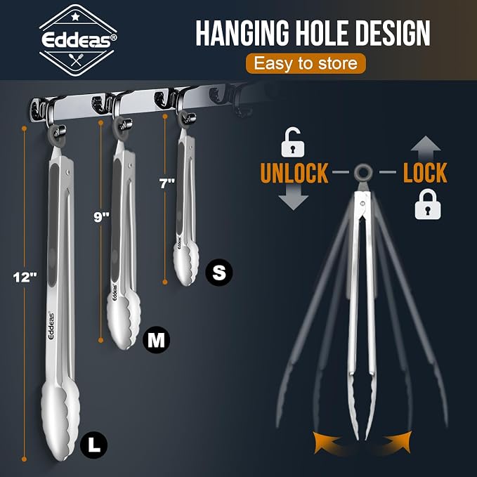 EDDEAS Tongs For Cooking - Heat Resistant 600 Degrees Stainless Steel Kitchen Tong,Heavy Duty Metal Locking Tongs - Perfect for Food, BBQ set of 3 (7",9" and 12") Grey - Image 7
