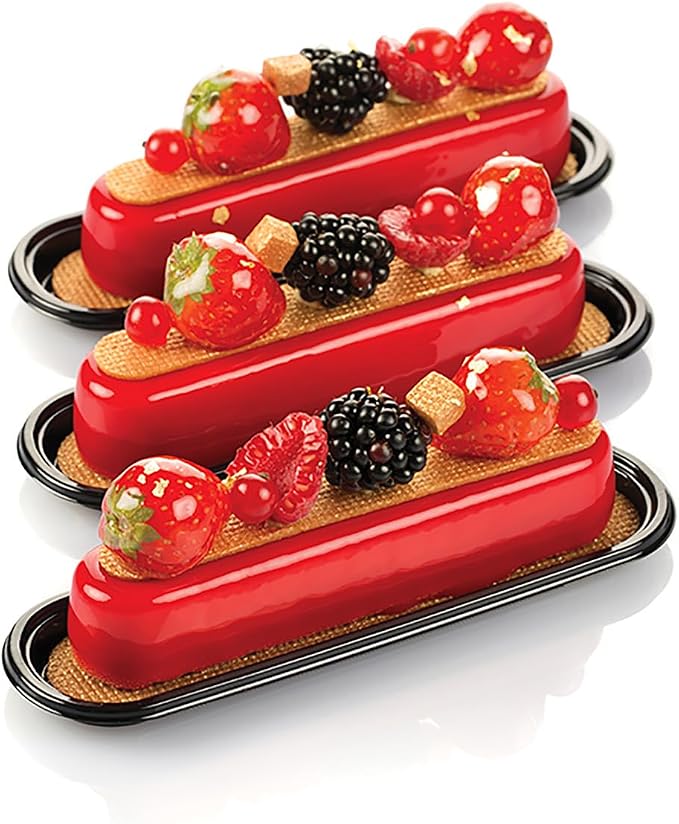 Silikomart FASHION ECLAIR 80 Silicone Mold – 10 Cavities – 5 1/8" x 1" x 1" – Includes Plastic Cutter & 10 Mini Trays – Perfect for Eclairs and Pastry Creations - Image 7