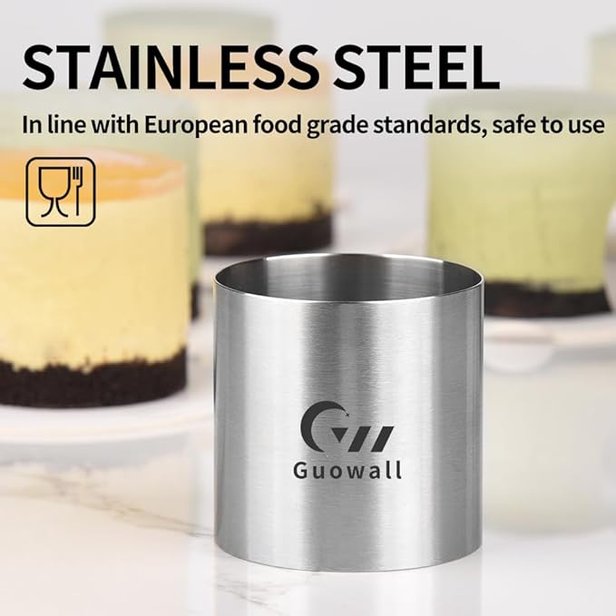 Guowall Cake Ring Mold 8 pack Mini Mousse Mould Seamless Stainless Steel Cake Cutter for Baking Small Size Round Food Pastry Mould - 2 inch
