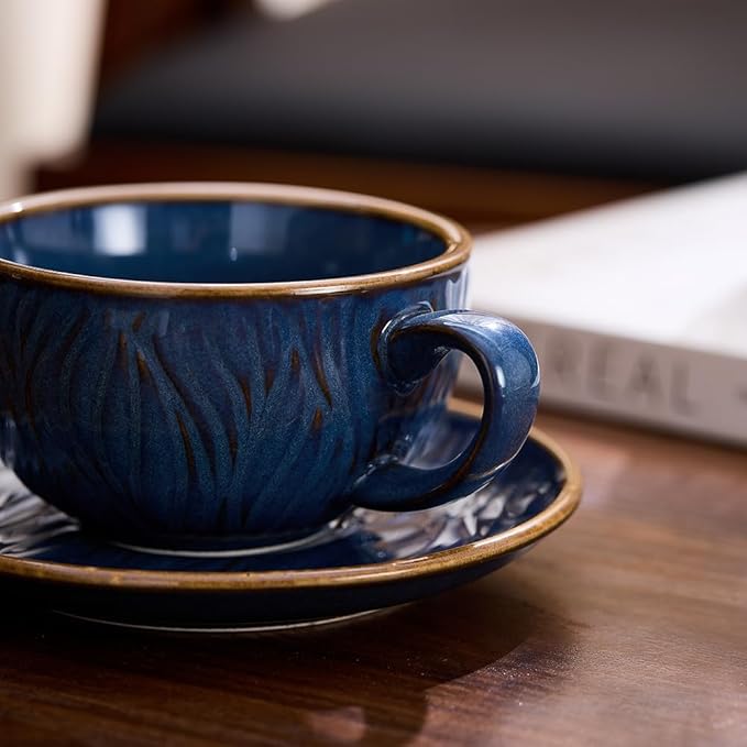 Coffeezone Vintage Design 12 oz Ceramic Latte Art Cappuccino Barista Cup with Saucer (Wave Blue) - Image 3