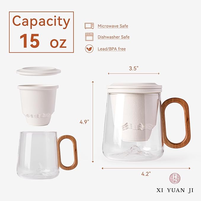 Tea Cup with Infuser and Lid 15oz - Mountain Design Tea Infuser Mug, Loose Leaf Tea Gift Set with Wood Handle, Anniversary Birthday Gift for Nature Lovers