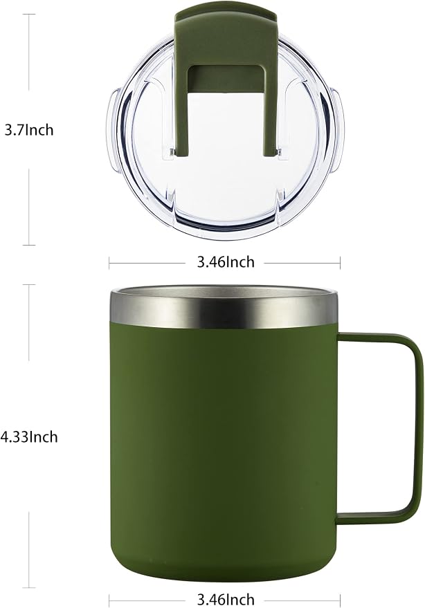 12oz Insulated Travel Coffee Mug with Handle, Army Green | Stainless Steel Coffee Tumbler with Lid, Double Wall Vacuum Thermal Cup for Camping - Image 5