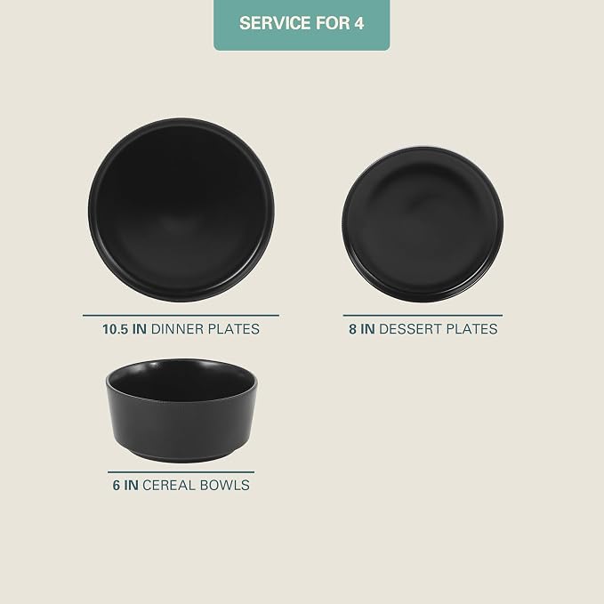 Gibson Home Dempsey Road 12-Piece Stoneware Dinnerware Set – Service for 4, Round Black Plates and Bowls, Durable Solid Color Modern Embossed Dish Set, Microwave & Dishwasher Safe - Image 3