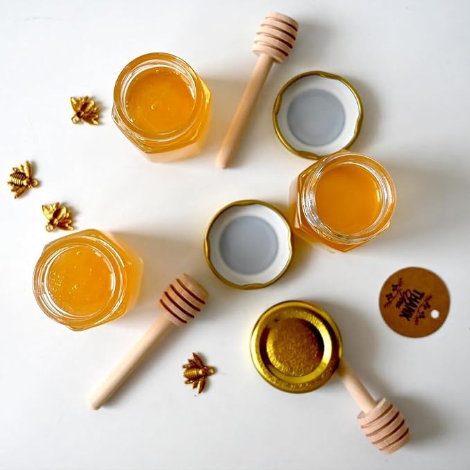 Adabocute Mini Honey Jars - Hexagon Little Glass Honey Jar with Gold Lids, Wooden Dippers, Bee Charms and Jutes - Small Honey Jars for Baby Showers, 20Pack - Image 4