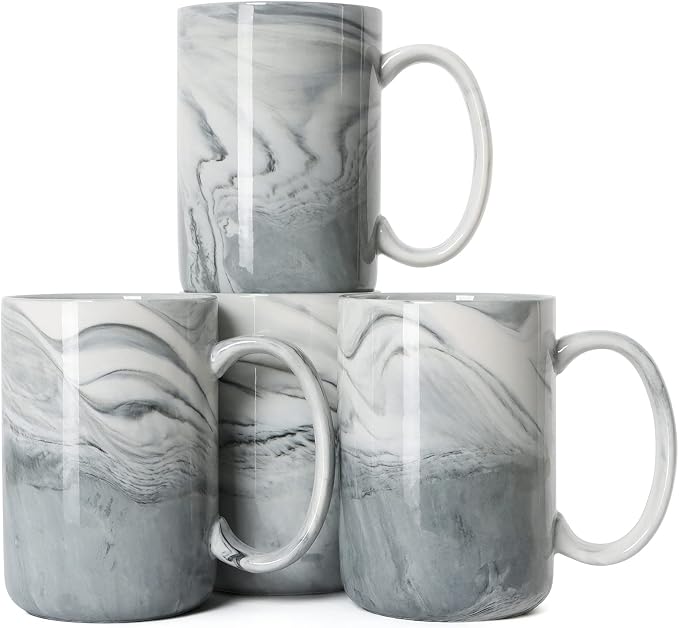 14 OZ Marble Coffee Mugs, M068 Novelty Marble Ceramic Cup for Home and Office, Microwave Dishwasher Safe, Set of 4, Gray by Smilatte