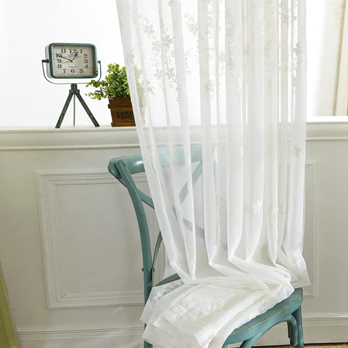 White Sheer Curtains 63 inches Length, Embroidered Window Treatment Curtain Sheer Voile Panels for Kitchen, Small Windows, 42x63, 2 Panels - Image 4