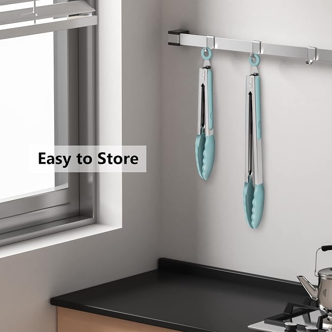 2 Pack Silicone Kitchen Tongs, 9 & 12 Inch, Stainless Steel, Aqua Sky - Image 5