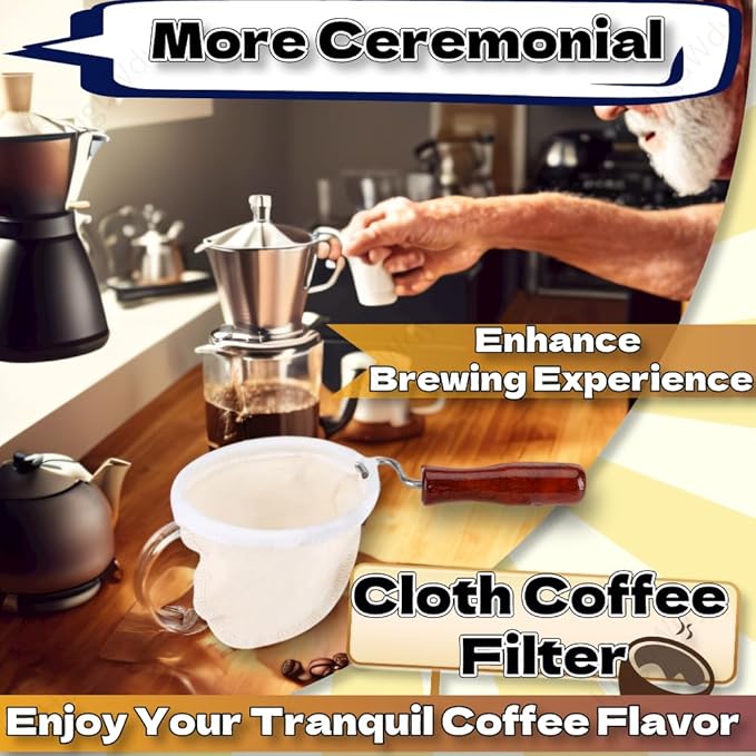 Cloth Coffee Filter More Sense of Ritual Handmade Coffee Filter Preferred Washable Reusable Flannel Cloth Coffee Sock with Wooden Handle Strainer with Wood Handle for Coffee Lover Home Office Use