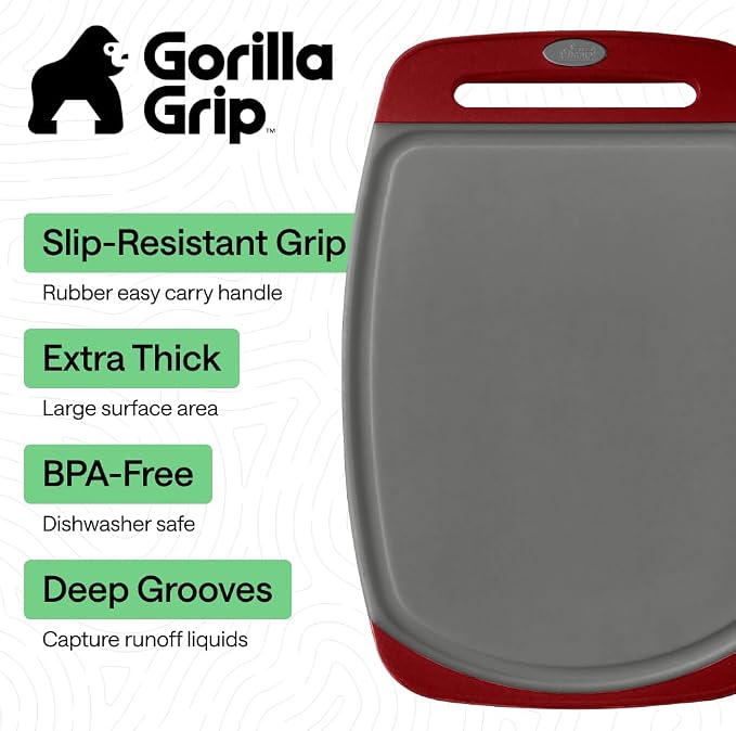 GORILLA GRIP BPA-Free Reversible Kitchen Cutting Board Set of 3, US Designed, Nonporous, Juice Grooves Catch Liquid, Slip Resistant Border, Dishwasher Safe, Durable Large Food Chopping Boards,Gray Red - Image 2