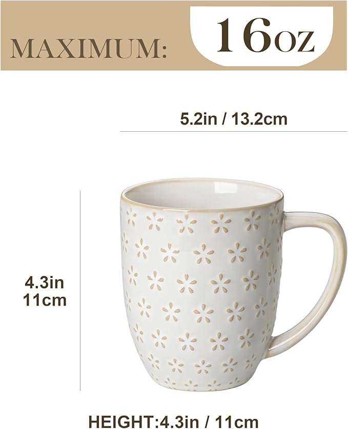 MALACASA LYDIA 16 Oz Coffee Mugs Set of 4, Ceramic Embossed Cups | For Coffee, Latte, Cappuccino, Tea, Dishwasher, Microwave Safe, Lead-Free Ceramic, Comfortable Handle, Gift Set - Image 6