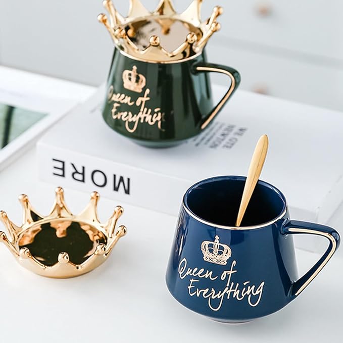Arawat Queen of Everything Mug with Lid Cute Mugs with Crown Dark Blue Coffee Mug with Spoon & Coaster 12 oz Ceramic Tea Cup Birthday Gift for Women Girl Mom Friend Valentine's Day Gifts for Women Man - Image 6