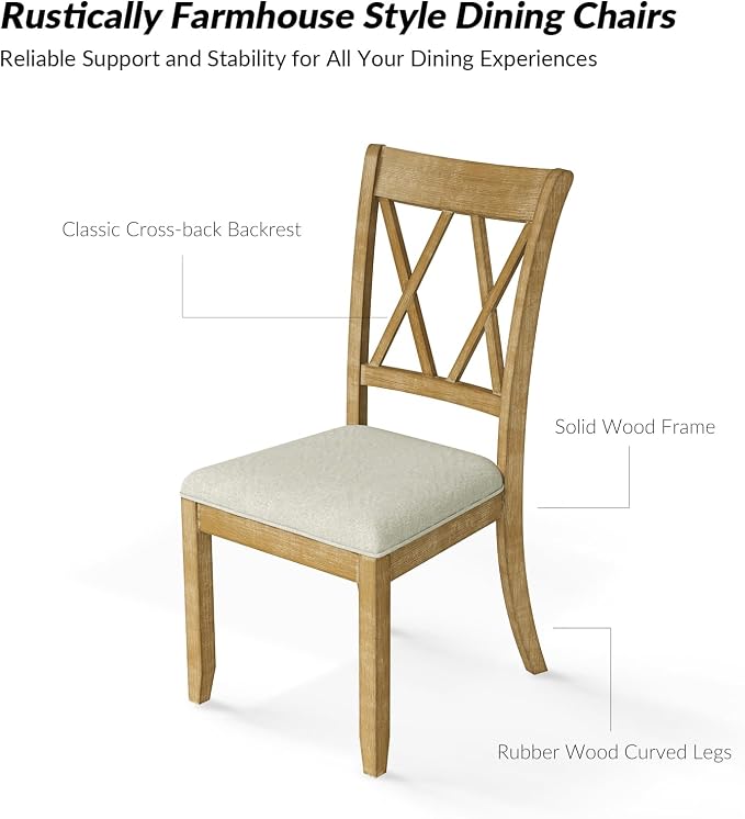HULALA HOME Wooden Dining Chairs Set of 6, Farmhouse Kitchen Chairs Set with Cross Backrest Wood Legs, Upholstered Accent Dinner Chair for Dining Living Room Restaurant Cafe, Natural - Image 4