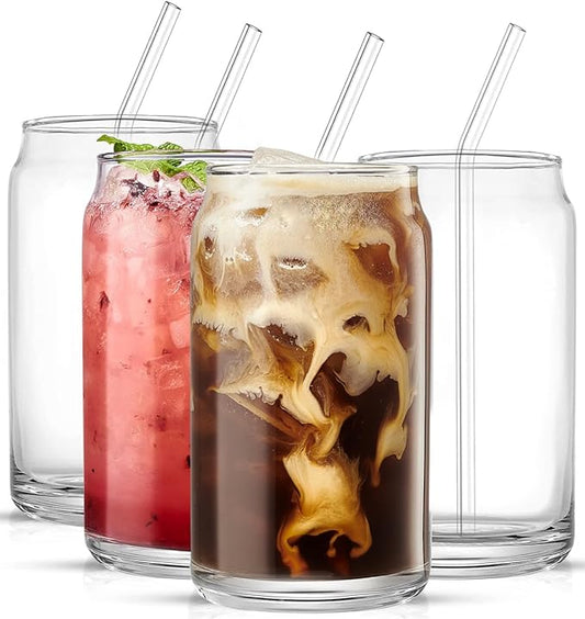 Drinking Glass Set of 4 - Can Sake Cups with Straws and Tumbler, 16oz Iced Coffee & Tea Glasses, Clear Whiskey Soda & Beer Glasses