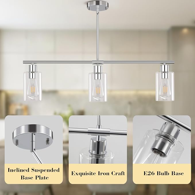 Kitchen Island Lighting, 3 Lights Linear Chandeliers Rectangle Pendant Light Fixtures for Dining Room Farmhouse Hanging Light with Glass Shades(Chrome) - Image 4