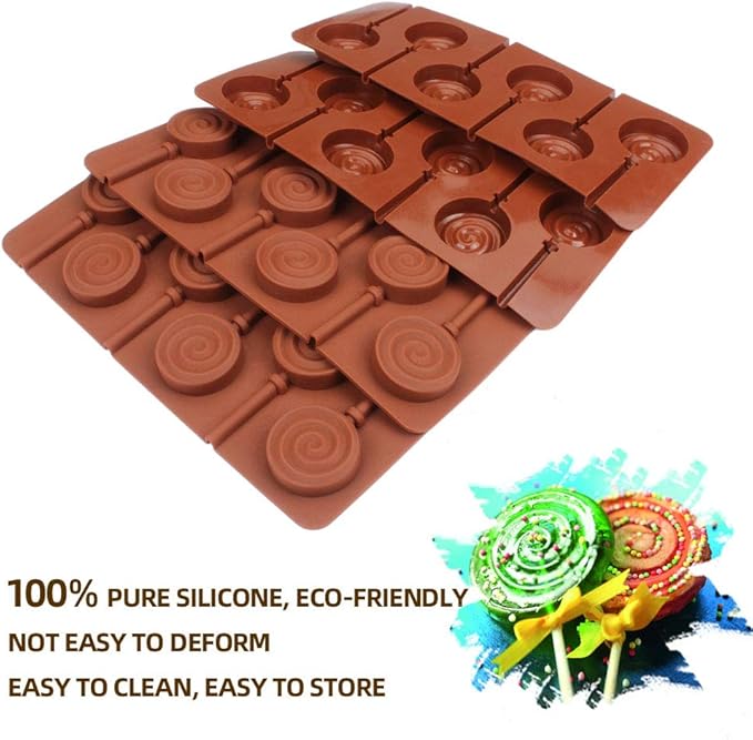 Round Silicone Mold for Lollipop Hard Candy Chocolate Cake Decorating With 24pcs Reusable Sticks Swirl Shape Set of 4
