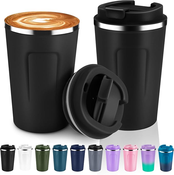 Volhoply 12 oz Double Wall Insulated Vacuum Travel Coffee Mugs with Flip Lid Bulk 2 Pack,Reusable Stainless Steel Leak Proof Coffee Cup,Portable Cafe Thermal Tumbler for Hot & Cold Drinks(Black,2 Set) by LiveFully%EF%BC%8CDrinkFreely%E2%80%94KeepGoingwithVolhoply%EF%BC%81