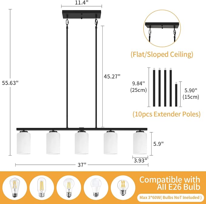 Modern Kitchen Island Lighting, Dining Room Light Fixtures Over Table | 37'' Black Island Lights for Kitchen, 5-Light Farmhouse Linear Chandeliers White Frosted Glass Shade, Adjustable Height - Image 4