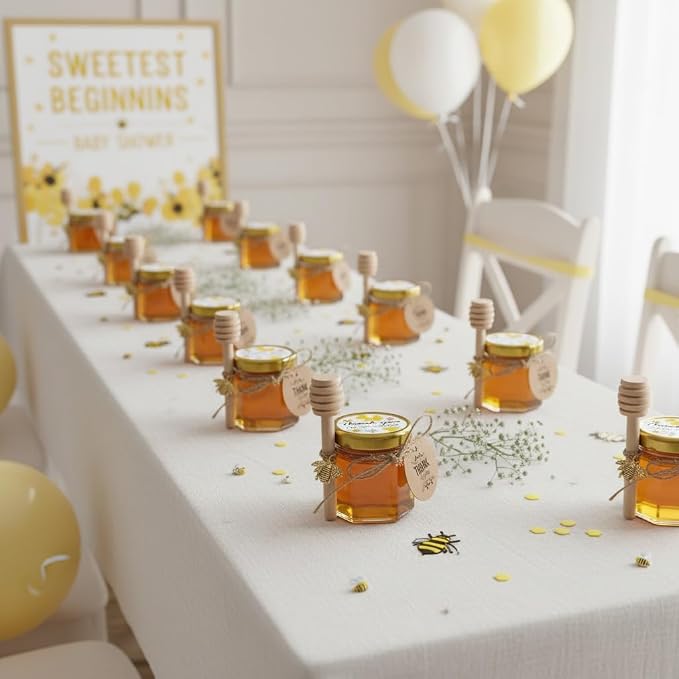 Adabocute Honey Pot, Glass Honey Jars, Small Honey Jars with Wooden Dippers, Bee Charms, Gold Gift Bags and Jutes Lids, Mini Honey Jars Baby Shower Favors, 1.5oz 40 Pack - Image 5