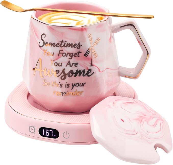 Coffee Mug Warmer Set Smart Electric Heated Cup Beverage Tea Candle Plate | You are Awesome Pink Mug Electric Warmer Set for Office Desk, 4 Temperature Control 8 Hrs Auto Shut Off, Ideal Gift for Women by SmartTool%E2%80%A2BetterLife