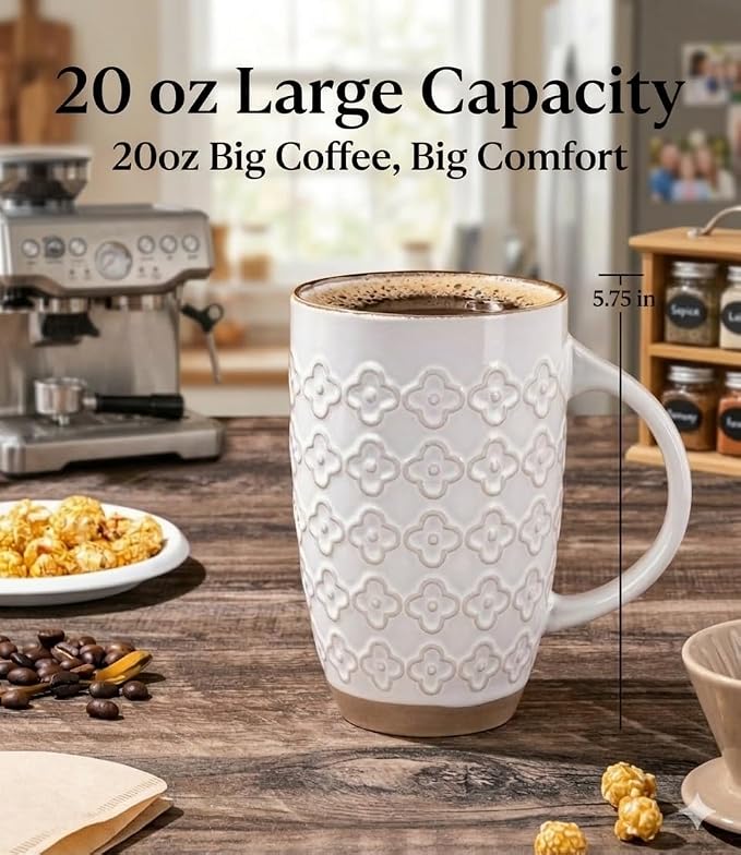 GBhome 20oz Large Coffee Mugs Set of 6, Handmade Tall Ceramic Coffee Mugs with Texture Patterns for Cappuccino, Latte,Hot Cocoa, Dishwasher & Microwave Safe-Off White - Image 3