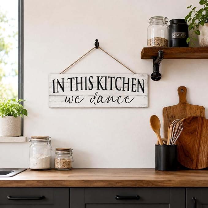 Farmhouse Themed Kitchen Signs: Rustic Kitchen Decor Canvas Print Decoration with Funny Quotes "In this Kitchen, we dance" - Vintage Decorative Wall Plaque for Home 6" x 14.5" - Image 2