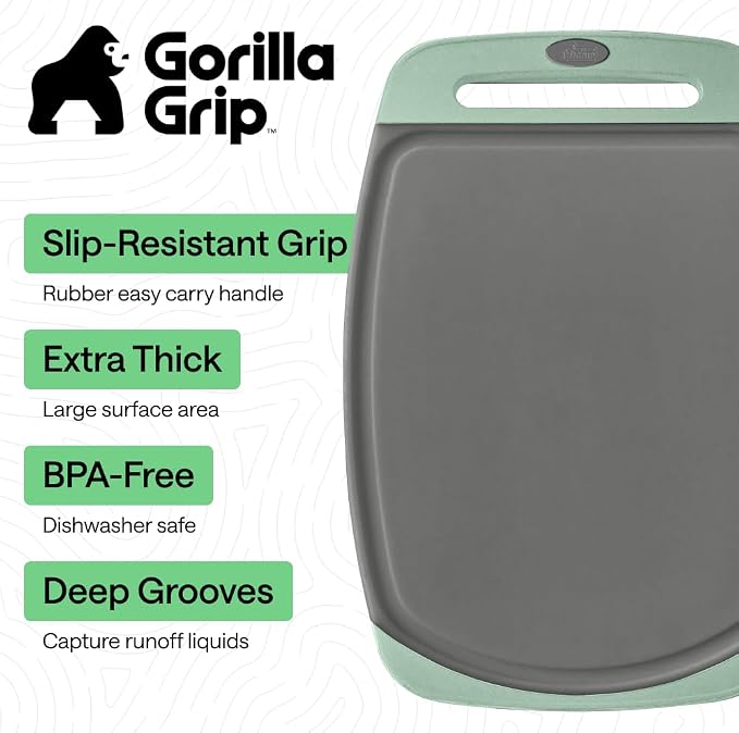 GORILLA GRIP BPA-Free Reversible Kitchen Cutting Board Set of 3, US Designed, Nonporous, Juice Grooves Catch Liquid, Slip Resistant Border, Dishwasher Safe, Durable Food Chopping Boards, Gray Mint - Image 2