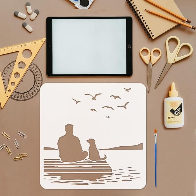FINGERINSPIRE People and Dogs Stencil with 1Pc Plastic Paint Brush 11.8x11.8inch Reusable Shore Scenery Template Flying Birds Stencil Human Dog Pattern Template for DIY Art Craft Home Wall Decor - Image 3