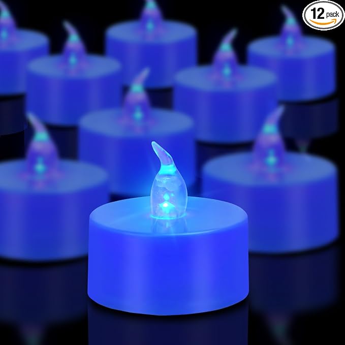 Tea Lights Battery Operated Candles LED Tea Lights Flameless Candles 200+ Hours Flickering Fake Tealights for Sweetest Day Wedding Home Decorations Party (Blue Base, 24 Pack) by Candlium
