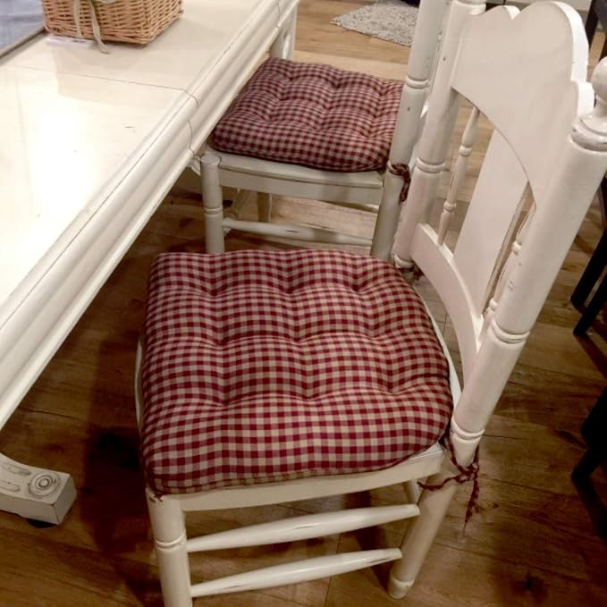Barnett Home Decor Farmhouse Check Dark Red & Tan Dining Chair Pad with Ties - Latex Foam Fill - 100% Cotton, Made in USA - Machine Washable, Reversible (Red Tan) - Image 2