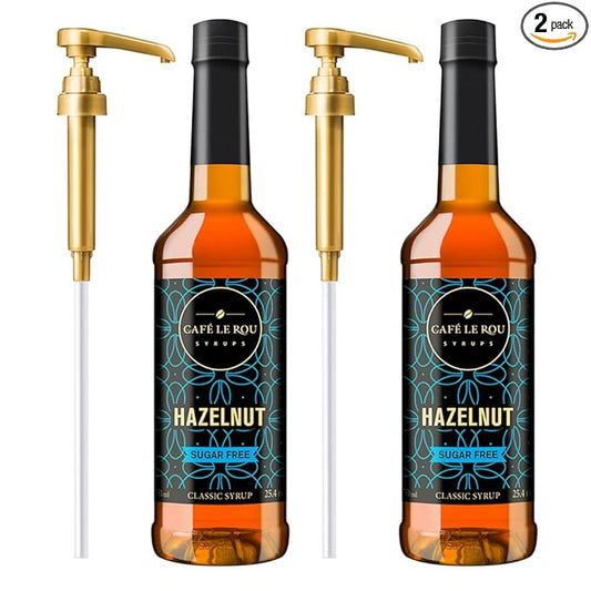 "NEW" Café Le Rou Coffee Syrup Sugar Free Hazelnut, 25.4oz (Pack of 2)*Includes 2 Syrup Pumps* Cafe Coffee Flavoring Syrup for Coffee, Tea, and Espresso