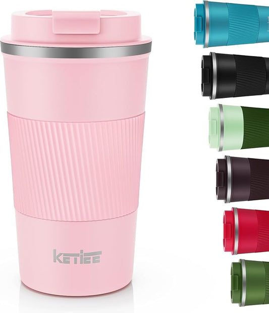KETIEE 12oz Travel Mug, Insulated Coffee Cup with Leakproof Lid, Travel Coffee Mug Vacuum Stainless Steel Double Walled Reusable Car Tumbler for Hot and Cold Water Tea（Pink） by KETIEE