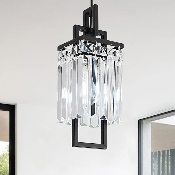 Modern Black Pendant Light Fixtures for Kitchen Island and Dining Room, Industrial Small Hanging Crystal Chandelier Light Fixture for Bedroom Entryway Living Room Foyer Hallway 1-Pack - Image 7
