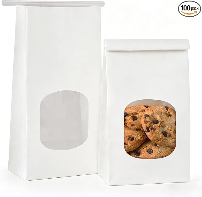 100 Pack Bakery Bags with Window, 3.9x2.3x8 Inches Tin Tie Tab Paper Cookie Bags White Small Gift Bag for Packaging Popcorn, Trail Mix, Treats, Snacks, Baked Goods, Party Favors | Grease Resistant by Foranda