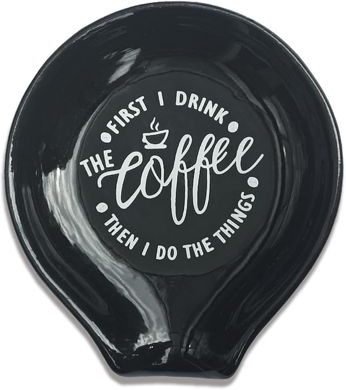 Littlefa Black Coffee Spoon Rest Holder-Coffee Bar Accessories | Funny Ceramic Coffee Spoon Rest for Coffee Bar Accessories Essentials, Coffee Lovers Gifts, But First I Drink Sign by Littlefa