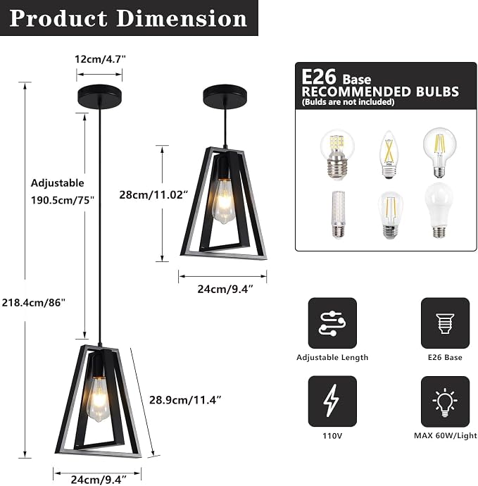 Black Farmhouse Pendant Light Kitchen Island Rustic Hanging Light Fixture Adjustable Height Metal Ceiling Pendant Lighting Mini Industrial Chandelier for Bedroom Entryway (1 Pack) - Image 4