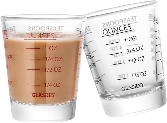 GLASKEY Shot Glasses Measuring Cup Set - 2 Pack Espresso Shot Glasses with Precise Measurement Marks,Heavy Duty Glass,Dishwasher Safe,Perfect for Coffee,Cocktails and Kitchen Use (Black & Red)