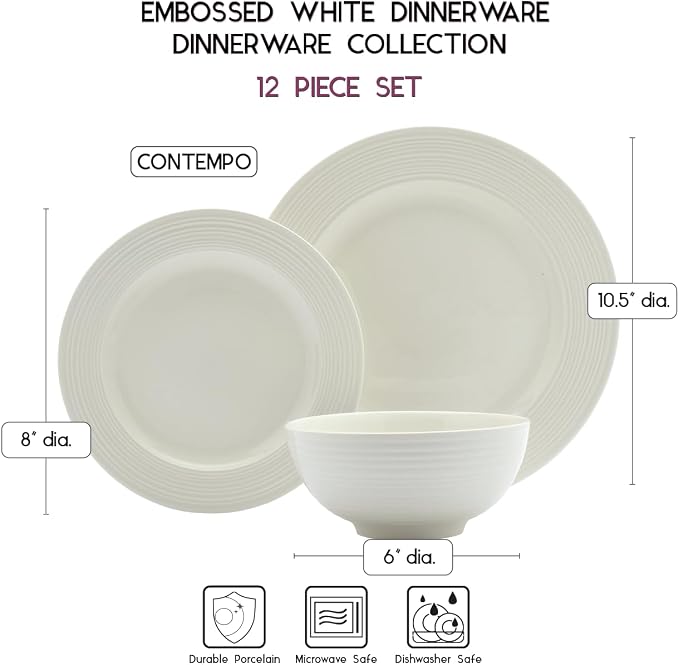 TTU Tabletops Gallery Embossed Bone White Porcelain Round Dinnerware Collection- Chip Resistant Scratch Resistant, Contempo 12 Piece Dinnerware Set (Dinner Plate, Salad Plate, Cereal Bowl) - Image 4