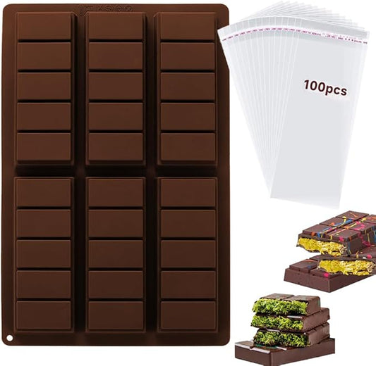 Silicone Chocolate Bar Mold With 100 Bags - Non-Stick Deep Molds for Dubai Bar, Candy, Snacks