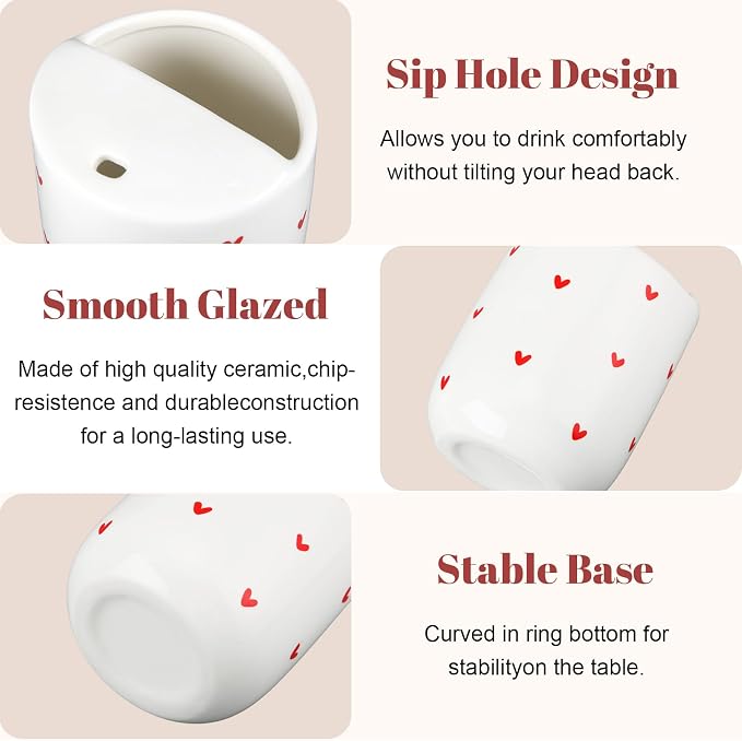 Ceramic Mug with Sip Hole 10 oz Novelty Red Heart Ceramic Coffee Mug Hand Painted Travel Mugs Heat Resistant Non Slip Built in One Lid Handcraft Mugs for Coffee Lovers Appreciation Gift - Image 3