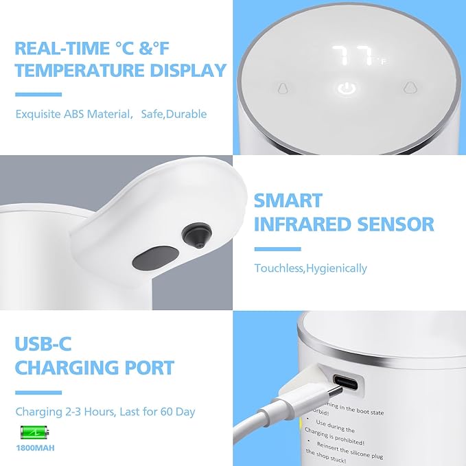 Automatic Foaming Soap Dispenser Touchless, 15.55 oz/460mL USB C Rechargeable Hand Sanitizer Dispenser with Auto Clean, 5 Adjust Volume,°C&℉ display, Waterproof Pump for Bathroom Kitchen (White)