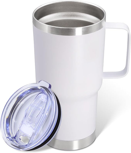 20 oz Tumbler with Handle and Lid Insulated Travel Coffee Mug White 1P | Stainless Steel Tumbler, coffee tumbler with handle,Spill Proof Double Wall Vacuum Tumbler Cup Keep Drink Hot & Cold by ATQTQ