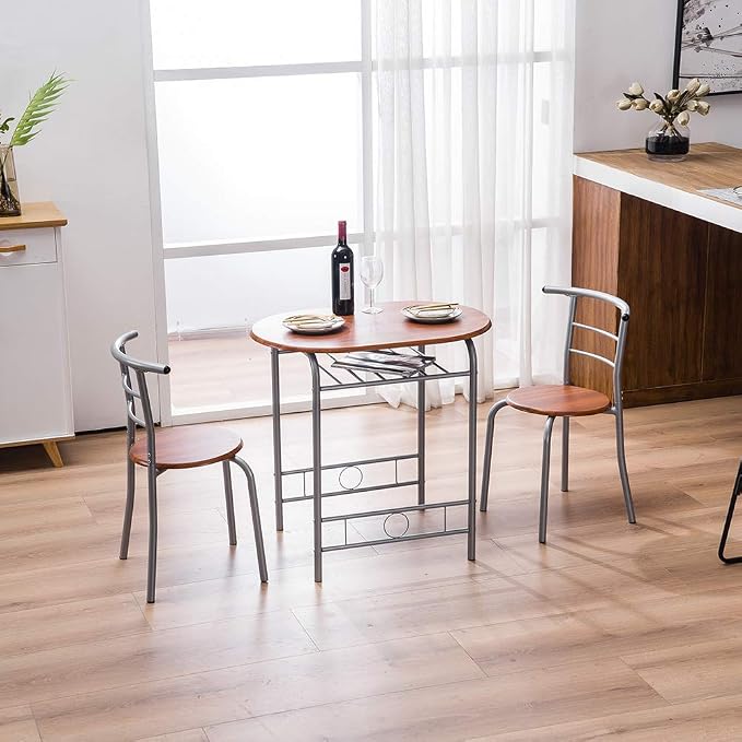 VINGLI 3 Piece Dining Set, Small Kitchen Table Set for 2, Breakfast Table Set, Kitchen Wooden Table with 2 Chairs for Small Space/Dining Room/Apartment, Metal Frame, Wine Rack, Russet - Image 4