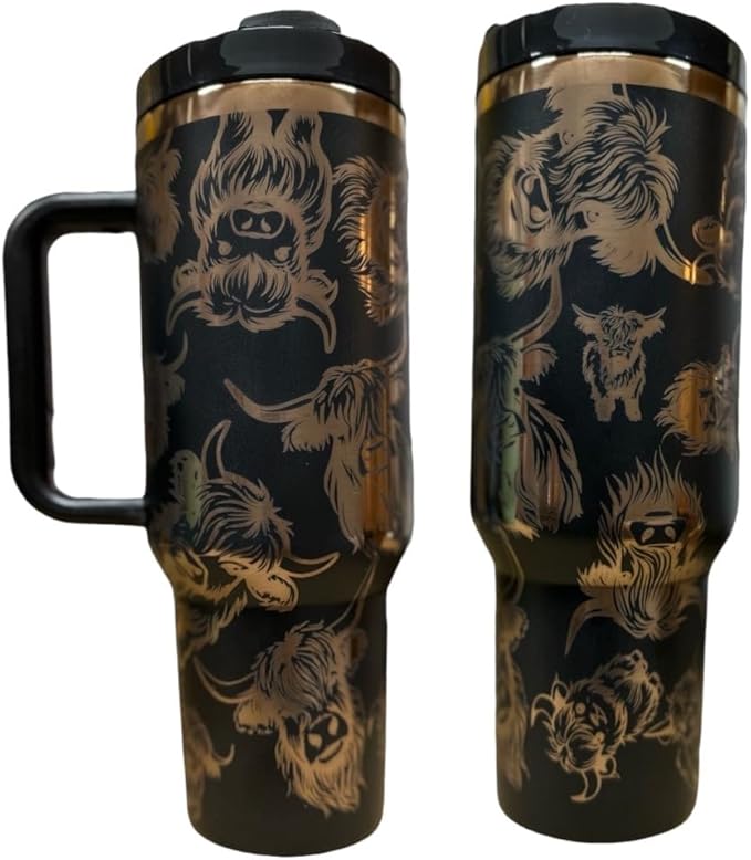 Tumbler, 40oz Tumbler, Western Tumbler, Engraved Cup with Handle, Cute Coffee Mug, 40oz Coffee Mug (Black r.Gold(16)-Cow(B1))