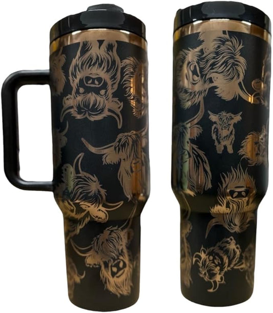 Western Engraved 40oz Tumbler, Tumbler with handle, Cowgirl Tumbler, Country Mug with Handle (Black r. gold(16)-Cow(B1))