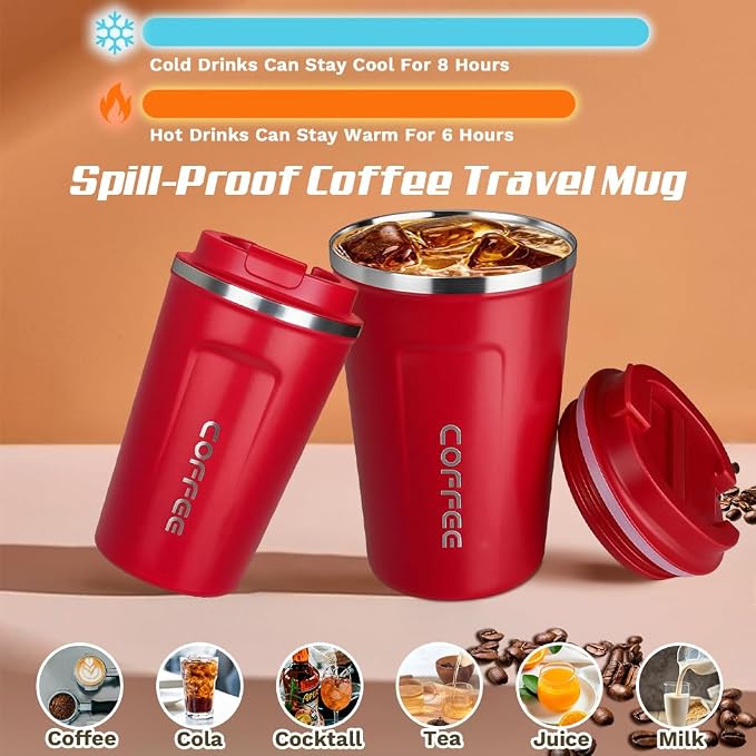SPLMIFA Travel coffee mugs leak-proof, reusable coffee cup with lid, stainless steel vacuum insulated coffee tumblers, thermal insulation cups for men & women keep drinks hot & cold (2nd-Red, 17OZ) - Image 2