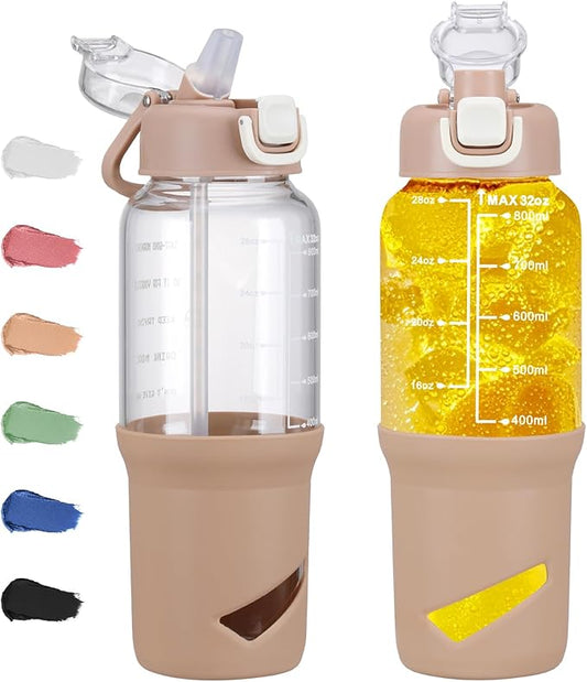 SIEROZUR 32 oz Glass Tumbler with Straw, Glass Water Bottles with 2 Lids-Handle Spout Lid & Straw Lid, 1 Liter Motivational Water Bottles, Silicone Sleeve, Fits Car Cup Holder,Amber
